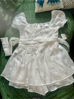 Altar'd State White Puff-Sleeve Mini Romper (shorts) Dress with Waist Sash
